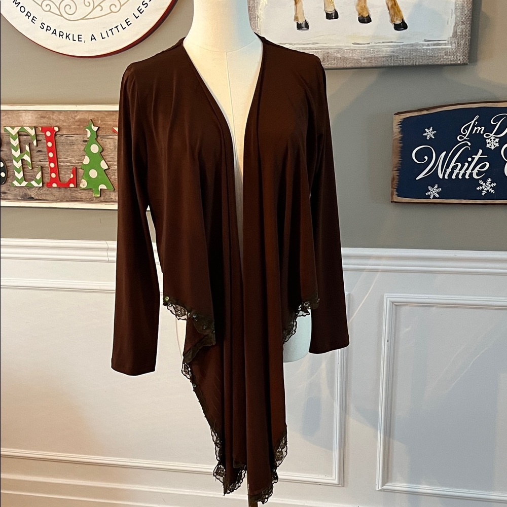 Chocolate Waterfall  Open Front Cardigan, Cosy, Long Sleeves, Lace Trim, S/M